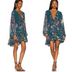 Free People Teal Floral Cherry Blossom Boho medium Long Sleeve Dress
